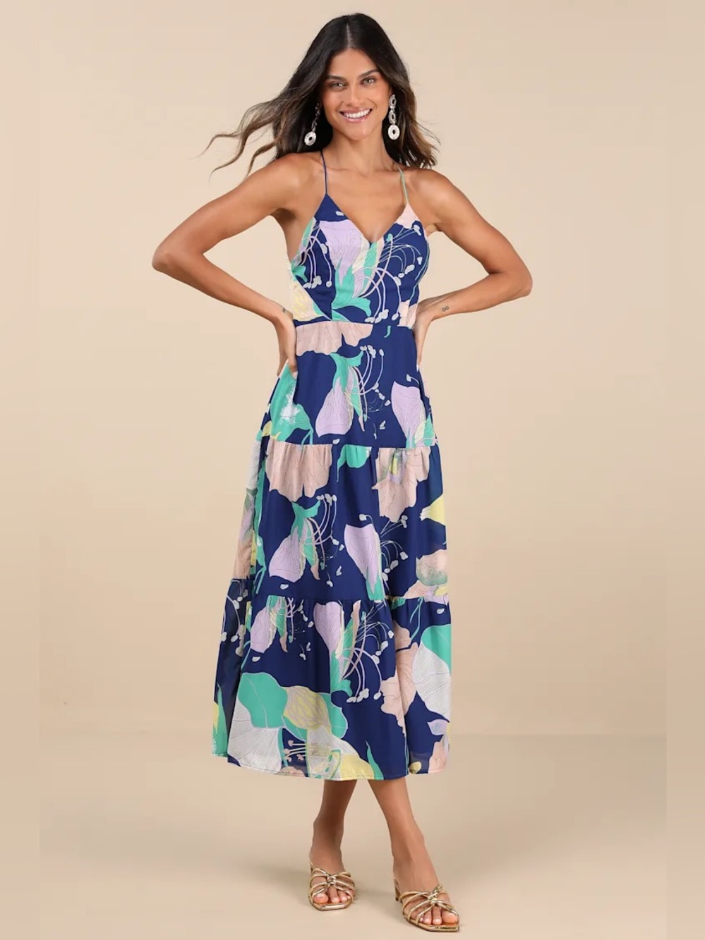 NWT lulus Hours of Flowers Blue Multi Floral Lace-Up Tiered Midi Dress